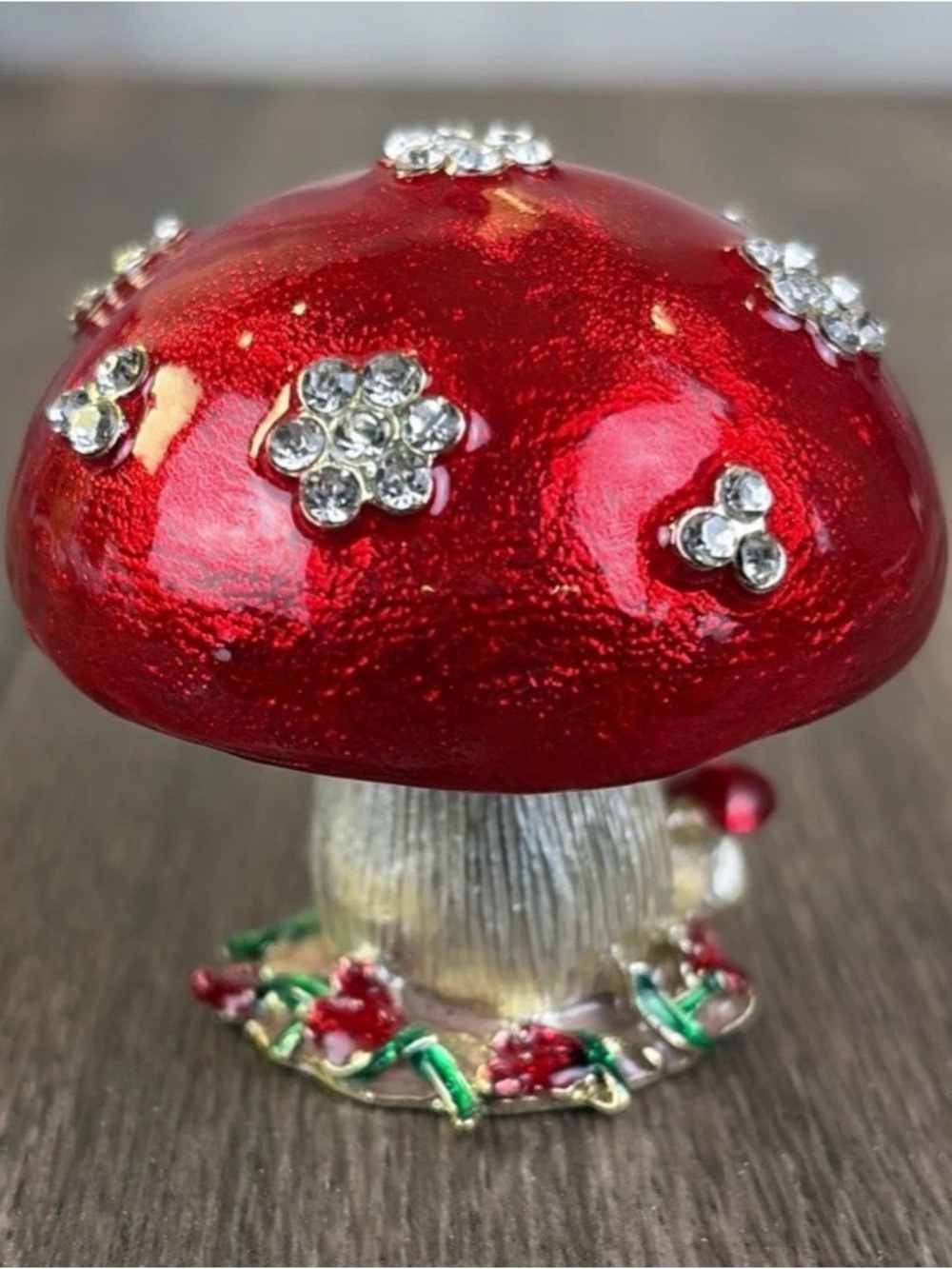 Enamel & Rhinestone Hinged Red Mushroom Jewelry Pill Trinket Box Metal Magnetic